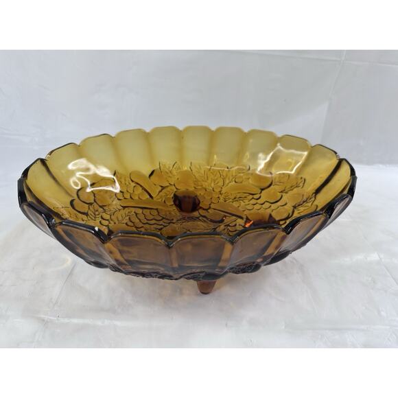 Indiana Glass Harvest Grape Carnival Fruit Bowl Oval Amber Footed MCM Vintage - Picture 1 of 10